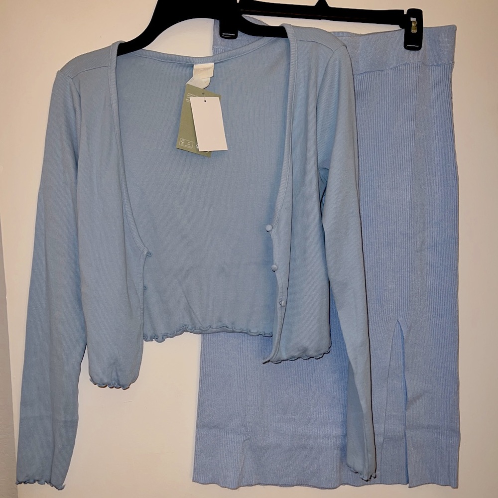 H&M blue rib knit pencil skirt and cardigan